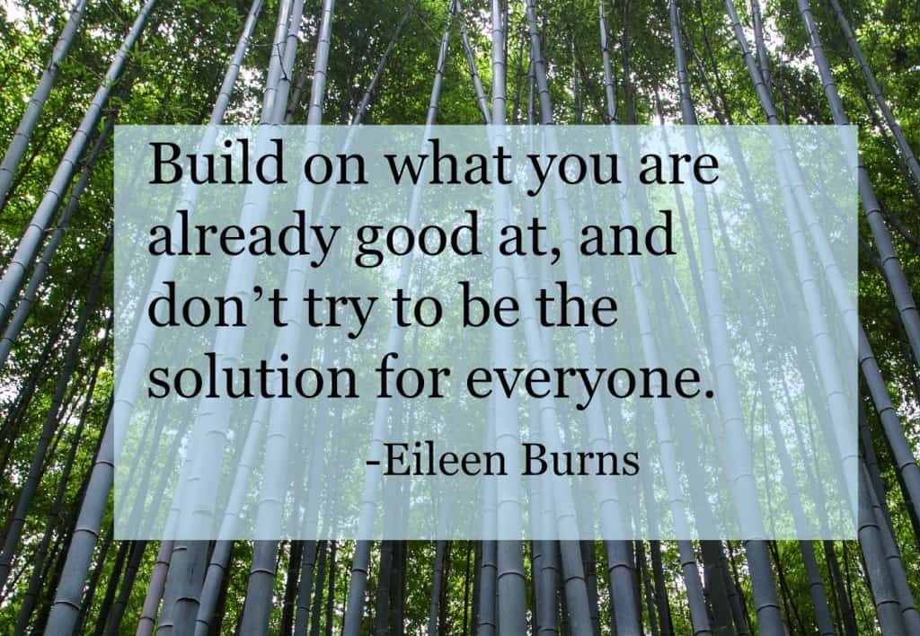 Build on what you are already good at, and don't try to be the solution to everyone. Eileen Burn stress coach. Click through to read full interview. 