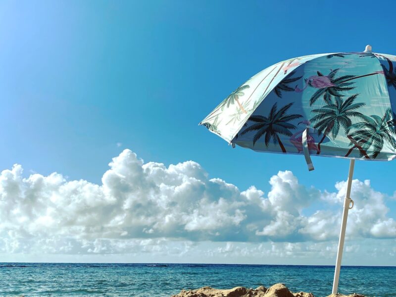 white and green umbrella on beach shore during daytime