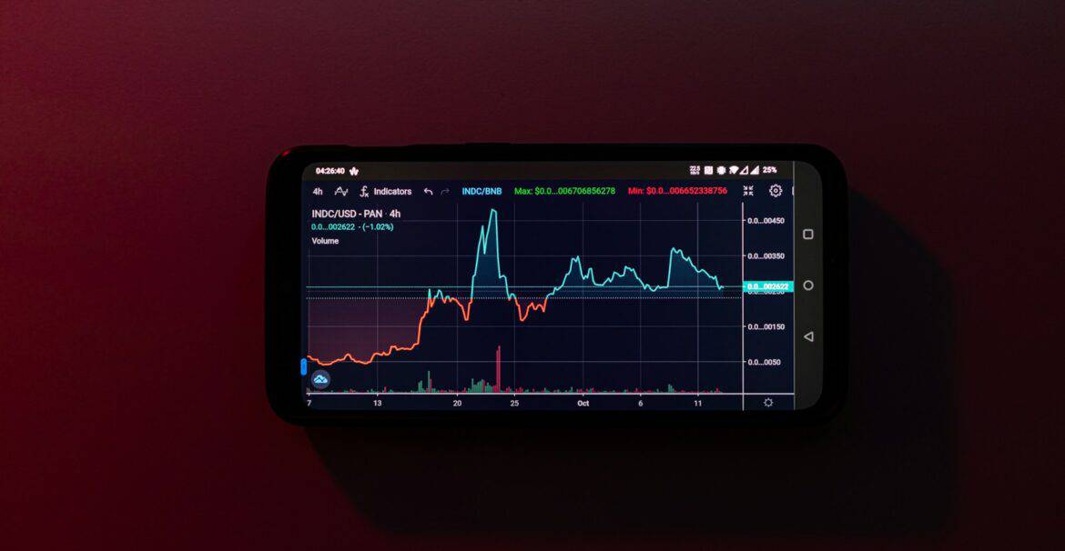 a cell phone displaying a stock chart on a red background