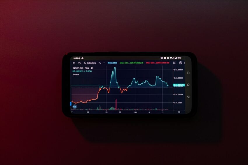 a cell phone displaying a stock chart on a red background